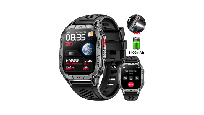 Mingdaln 2.01" AMOLED Men Military Smart watch，with 1400 mAh Large Battery/ Answer Make Calls /100+ Sport Modes/IP68 Waterproof, Pedometer smartWatch fits for Android Iphone Devices (Black)