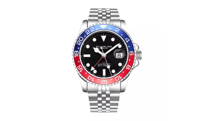 Stuhrling Meridian 3968 Men s GMT Diver Watch - Quartz Movement, 42mm Stainless Steel Case, Black Dial, Red/Blue Bezel