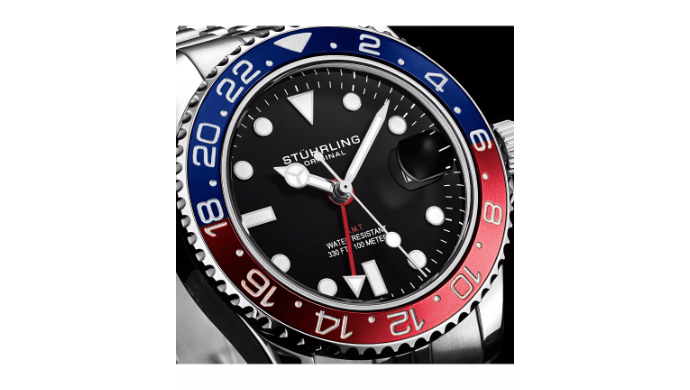 Stuhrling Meridian 3968 Men s GMT Diver Watch - Quartz Movement, 42mm Stainless Steel Case, Black Dial, Red/Blue Bezel thumbnail 2