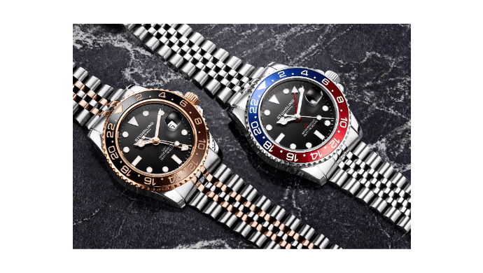 Stuhrling Meridian 3968 Men s GMT Diver Watch - Quartz Movement, 42mm Stainless Steel Case, Black Dial, Red/Blue Bezel thumbnail 3