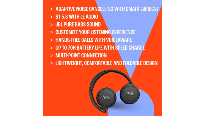 JBL JBLT670NCBLKAM-Z Tune Noise Cancel On-Ear Headphones, Black - Certified thumbnail 4