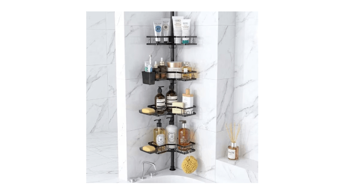 NULAS Shower Caddy with Tension Pole, 4-Tier Adjustable Corner Organizer for Shampoo, Soap and Bath Essentials, 43.5–120 in, Black