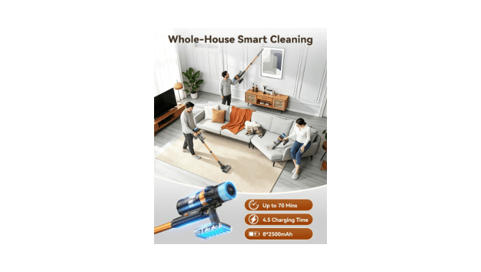 Cordless Vacuum Cleaner, 60KPA 700W 70Mins Stick Vacuum with LED Touchscreen, 3+Smart Modes, Anti-Tangle & 8-in-1 Filter, Self-Standing Cordless Vacuum for Home/Pet Hair/Carpet/Hardwood Floor thumbnail 5