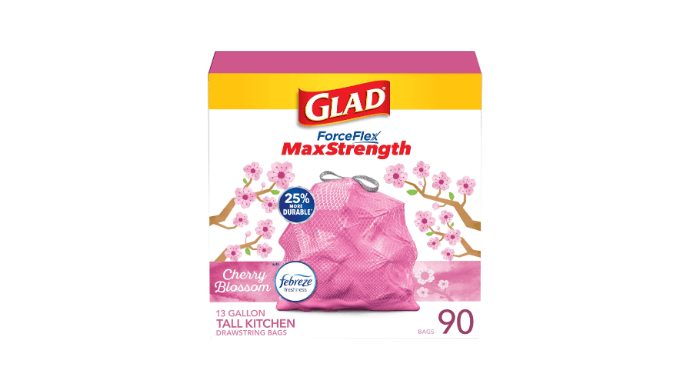 Glad ForceFlex MaxStrength Tall Kitchen Trash Bags, Rip and Tear Resistant, Cherry Blossoms Scented Pink Tall Garbage Bags, Odor Control, Febreze Freshness, 13 Gallon, 90 Count thumbnail 1
