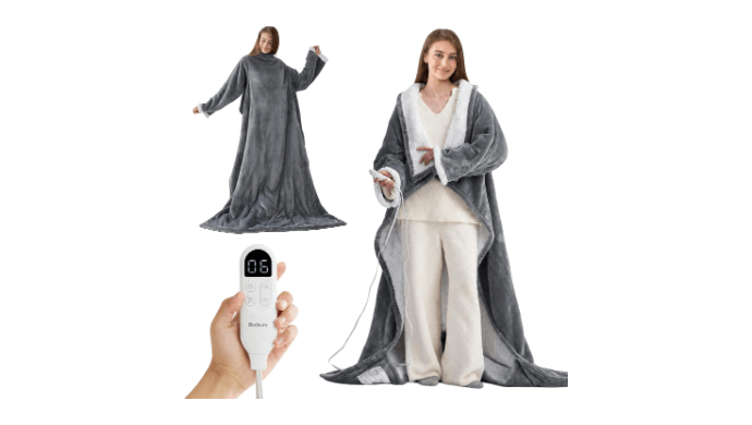 Bedsure Wearable Heated Blanket with Foot Pocket & Sleeves, 50x71+18", Grey