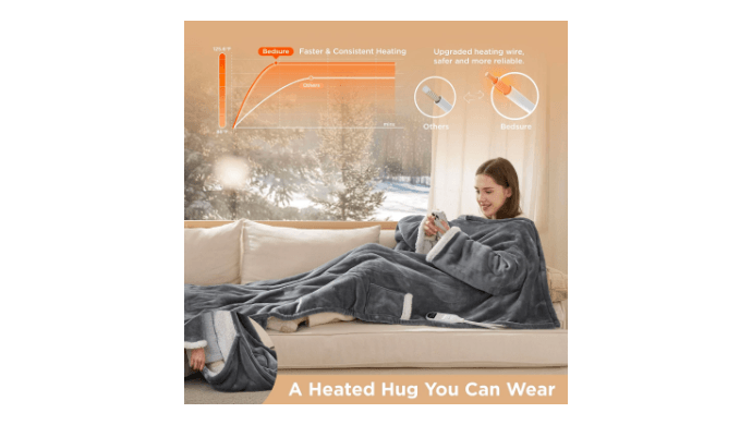 Bedsure Wearable Heated Blanket with Foot Pocket & Sleeves, 50x71+18", Grey thumbnail 2