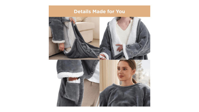 Bedsure Wearable Heated Blanket with Foot Pocket & Sleeves, 50x71+18", Grey thumbnail 4