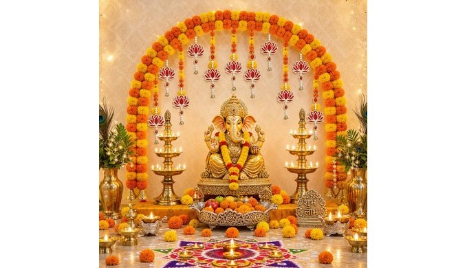 28 Pcs Diwali Decorations Lotus Backdrop Hanging Decor Set for Home Pooja thumbnail 4