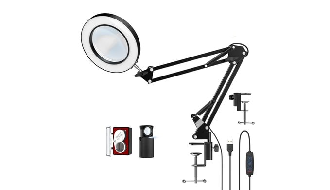 10X LED Magnifier Desk Lamp with Clamp, Hands Free Magnifying Glass with 72 LEDs Light, 3 Color Modes Stepless Dimmable, included Two Pack 30X 45X Jewelers Loupe for Close Work, Repair, Reading, Craft thumbnail 1