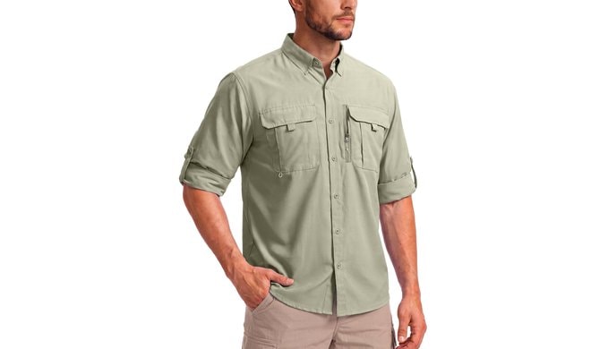 BETBO Men's Long Sleeves Fishing Shirts Button Down Summer Travel Work Shirts with Zipper Pockets