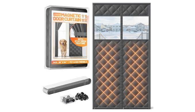 Magnetic Insulated Door Curtain Fits 36"x82" Doors - Thermal Door Cover for Winter with Clear Window, Window Insulation Kit & Doors Draft Stopper to Keep Cold Air Out for Front Doorway Home - Black