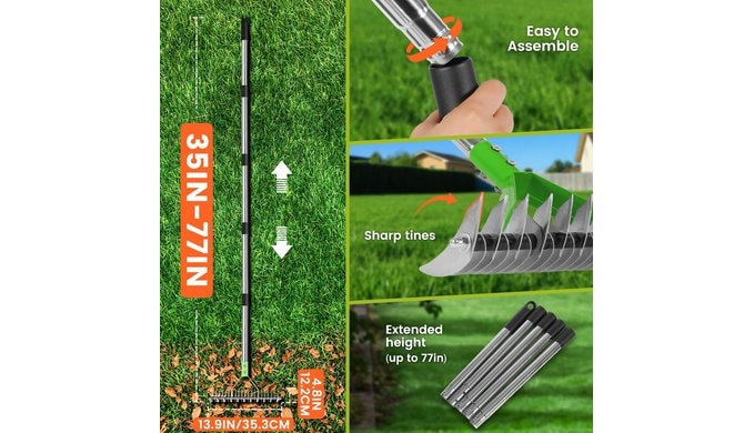 77” Thatch Rake for Lawns, Adjustable Dethatching Rake for Grass & Garden thumbnail 2