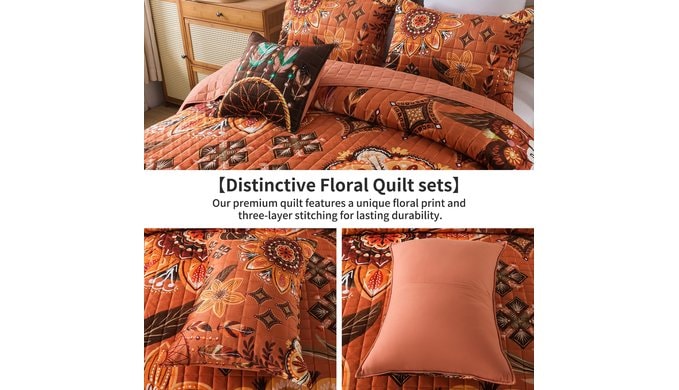 BEDISELY Velvet Queen Size Quilt Bedding Set, 3 Pieces Fall Floral Bedding thumbnail 5