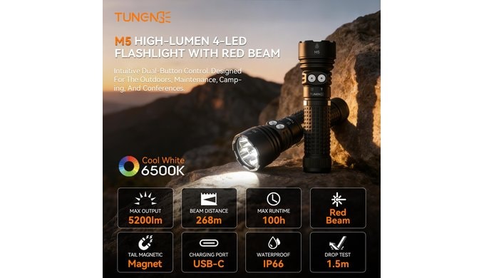 M5 EDC Tactical Flashlight Rechargeable,5200Lm White & Red Light thumbnail 2