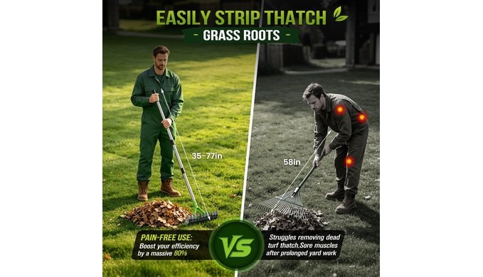 77” Thatch Rake for Lawns, Adjustable Dethatching Rake for Grass & Garden thumbnail 3