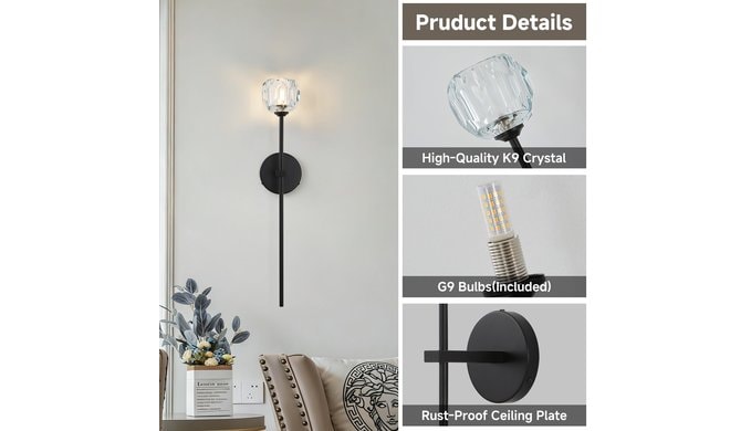 Black Crystal Wall Sconces Brass Mid Century Modern Vanity Bathroom Sconce thumbnail 5