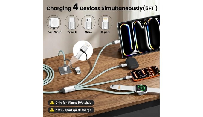 Travel Essentials for iPhone Watch Charger, 4-in-2 Multi Charging Cable 5F thumbnail 2