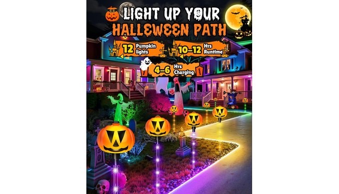 12 Pack Halloween Outdoor Decorations Solar Pathway Stake Pumpkin Lights thumbnail 2