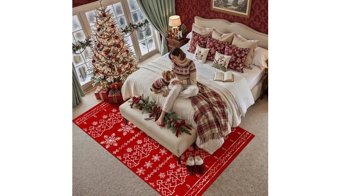 Christmas Area Rug 5x7 Red Snowflake Washable thumbnail 2
