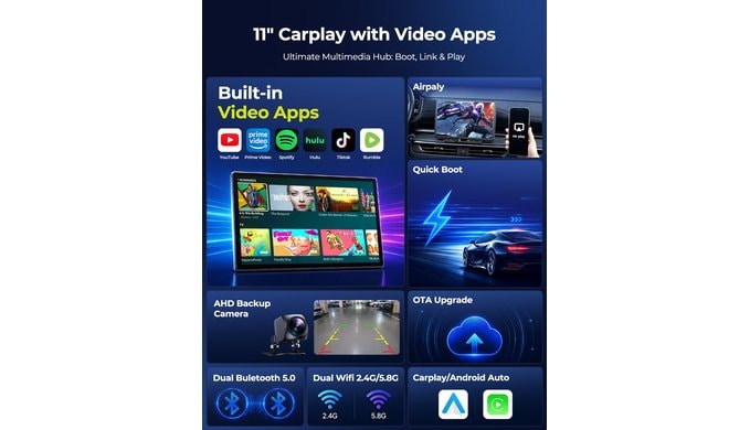 LAMTTO 11'' Portable Carplay Screen with YouTube/TikTok, Backup Camera thumbnail 2