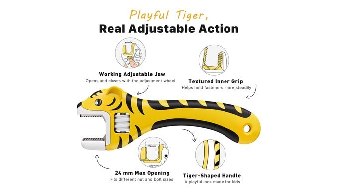 Kids Adjustable Wrench, Tiger-Shaped Real Tool, Ages 3+ thumbnail 2