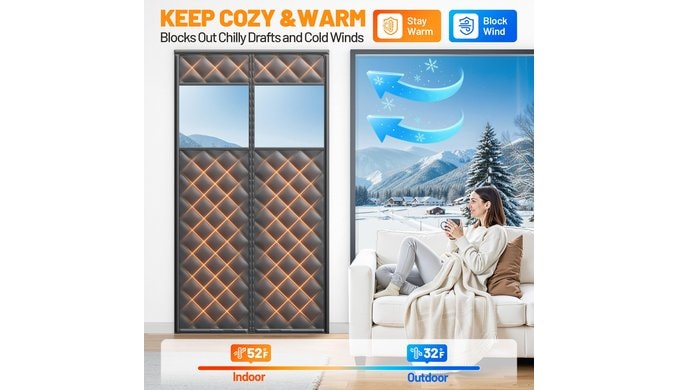 Magnetic Insulated Door Curtain Fits 36"x82" Doors - Thermal Door Cover for Winter with Clear Window, Window Insulation Kit & Doors Draft Stopper to Keep Cold Air Out for Front Doorway Home - Black thumbnail 3
