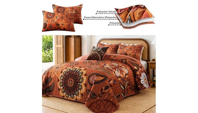 BEDISELY Velvet Queen Size Quilt Bedding Set, 3 Pieces Fall Floral Bedding thumbnail 3