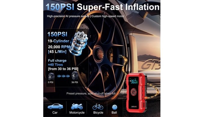 Portable Car Battery Jump Starter with Air Compressor - 9000A 150PSI thumbnail 4