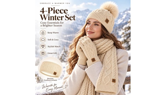 Winter Beanie Scarf Gloves Headband Set for Women Men, 4 Piece Knit Set thumbnail 2