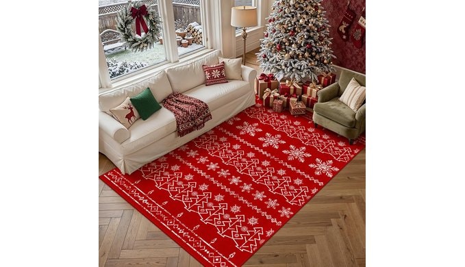 Christmas Area Rug 5x7 Red Snowflake Washable