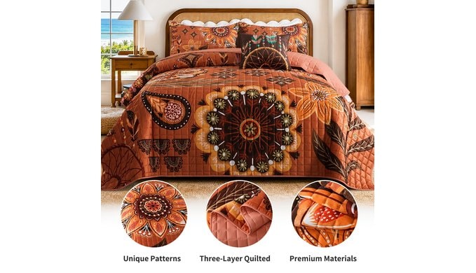 BEDISELY Velvet Queen Size Quilt Bedding Set, 3 Pieces Fall Floral Bedding thumbnail 4
