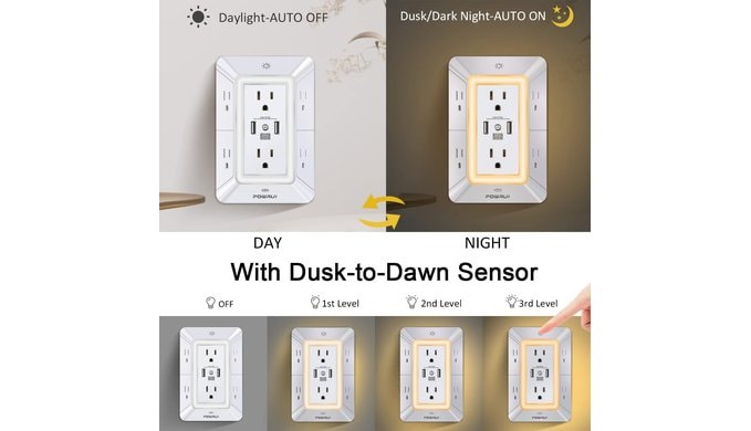 Multi Plug Wall Outlet Night Light, POWRUI 6 Outlet Extender & 3 USB Ports thumbnail 4
