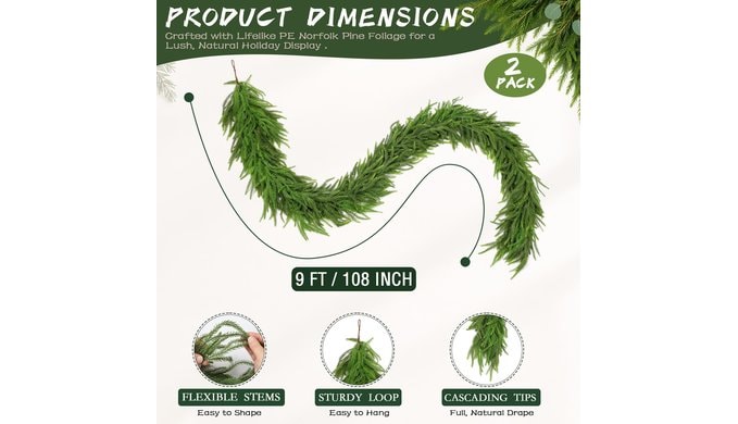 2 Pcs 9FT Artificial Norfolk Pine Garland, Lush with a Natural Drape thumbnail 2
