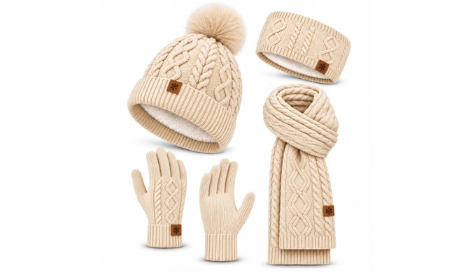 Winter Beanie Scarf Gloves Headband Set for Women Men, 4 Piece Knit Set