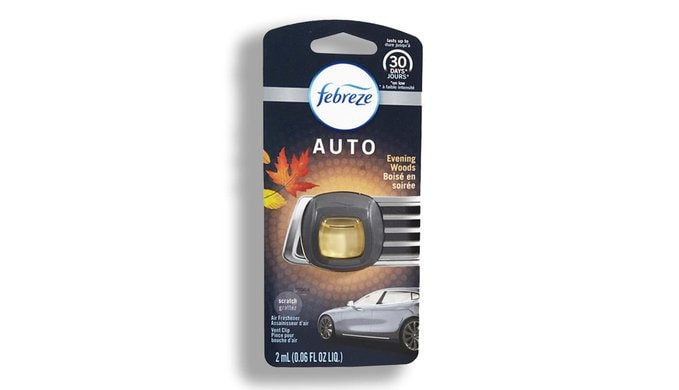 Febreze Car Vent Clip Air Freshener, Odor Eliminator for Strong Odors, Up to 30 Days Freshness, Evening Woods