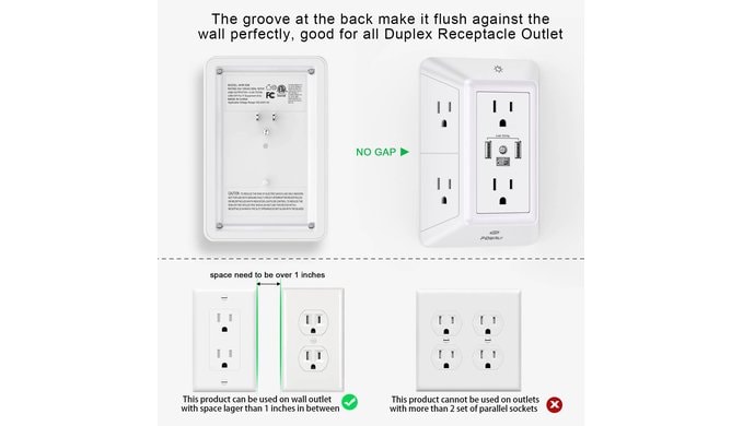 Multi Plug Wall Outlet Night Light, POWRUI 6 Outlet Extender & 3 USB Ports thumbnail 3