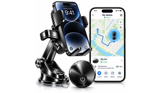 Car Phone Mount with Built-in GPS Tracker—Subscription-Free car Tracker with no Monthly fees and no SIM Card Required, Suitable for Discreet car Tracking.