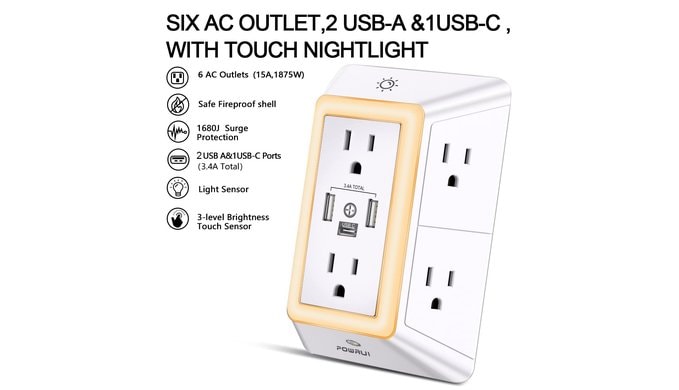 Multi Plug Wall Outlet Night Light, POWRUI 6 Outlet Extender & 3 USB Ports thumbnail 2
