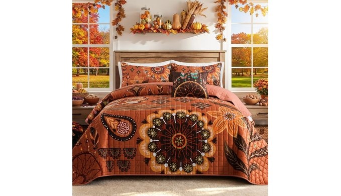 BEDISELY Velvet Queen Size Quilt Bedding Set, 3 Pieces Fall Floral Bedding