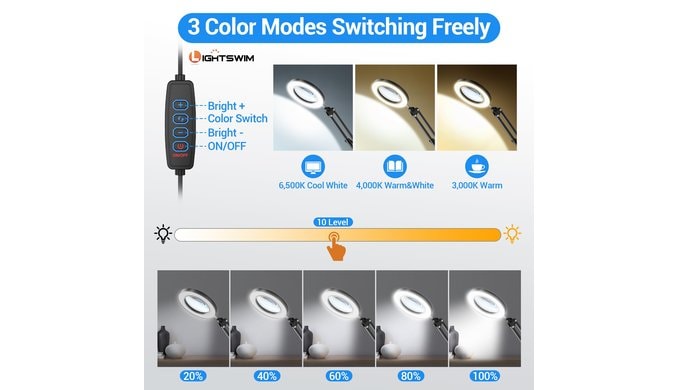 10X LED Magnifier Desk Lamp with Clamp, Hands Free Magnifying Glass with 72 LEDs Light, 3 Color Modes Stepless Dimmable, included Two Pack 30X 45X Jewelers Loupe for Close Work, Repair, Reading, Craft thumbnail 5