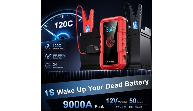 Portable Car Battery Jump Starter with Air Compressor - 9000A 150PSI thumbnail 3
