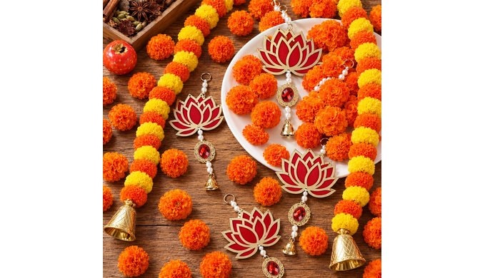28 Pcs Diwali Decorations Lotus Backdrop Hanging Decor Set for Home Pooja thumbnail 2