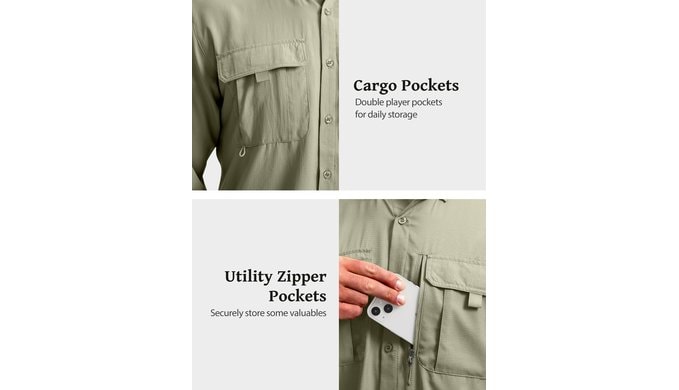 BETBO Men's Long Sleeves Fishing Shirts Button Down Summer Travel Work Shirts with Zipper Pockets thumbnail 4
