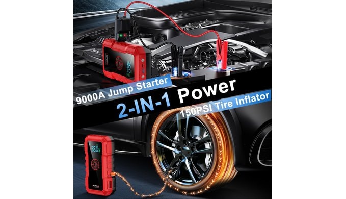 Portable Car Battery Jump Starter with Air Compressor - 9000A 150PSI thumbnail 2