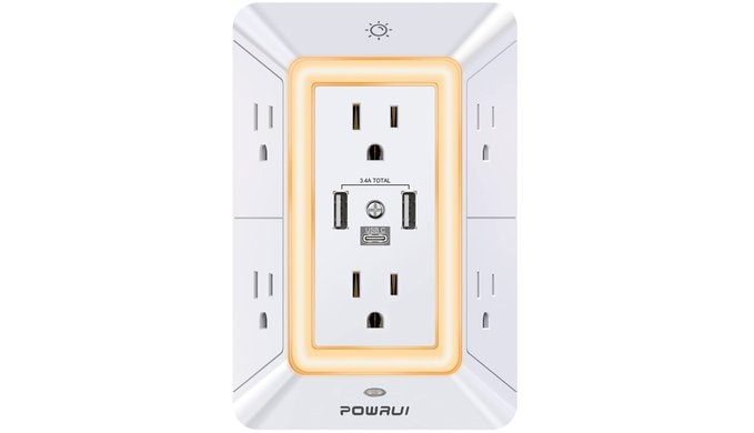 Multi Plug Wall Outlet Night Light, POWRUI 6 Outlet Extender & 3 USB Ports thumbnail 1