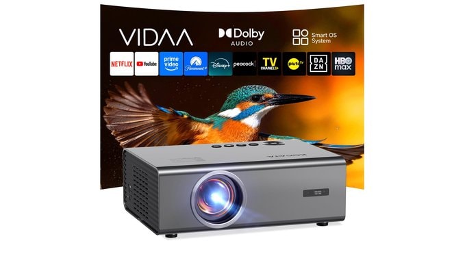 Smart Projector-4K with Wifi Bluetooth, AI Auto Focus Keystone Outdoor Home Theater VIDAA Movie Projector Built-in Apps, 60W Dolby, Airplay, Voice Control, Live TV, Ceiling, Gaming, Camping