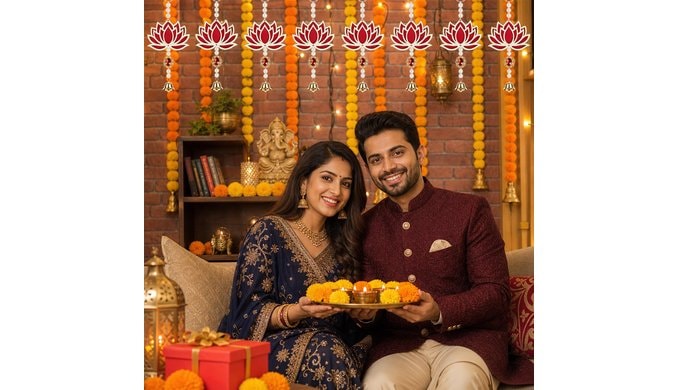 28 Pcs Diwali Decorations Lotus Backdrop Hanging Decor Set for Home Pooja thumbnail 5