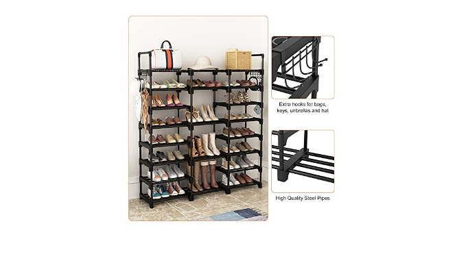 VTRIN Shoe Rack Shoe Organizer 8 Tiers Shoe Rack for Entryway Holds 46-50  Pairs Shoe and Boots Shelf Organizer Storage Organizer Durable Metal with  Versatile Hooks Wooden Hammer for Bedroom Black 