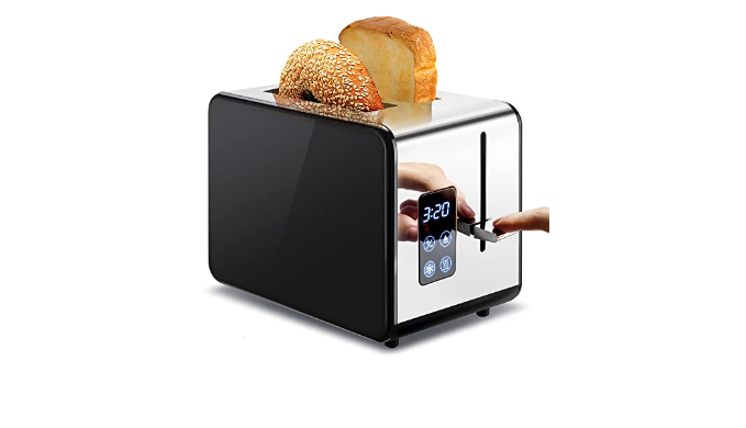 Pukomc Toaster 4 Slice with Wide Slots, 2 Long Slot Toaster for Bagels  Waffles and Toast, 6 Browning Levels, Stainless Steel, Removable Tray