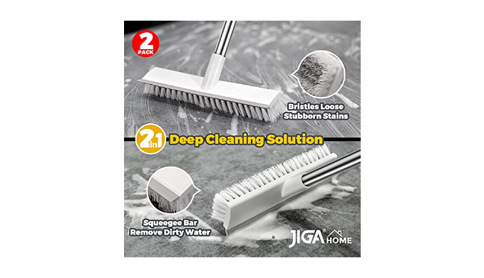 Jiga 2 Pack Floor Scrub Brush with Long Handle, Stiff Bristle Brush Scrubber, Cleaning Brush for Deck, Bathroom, Tub, Tile, Grout, Kitchen, Swimming